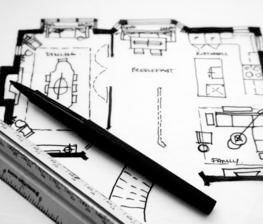 Floor plan drawing with pen and ruler, likely for interior design or architecture.