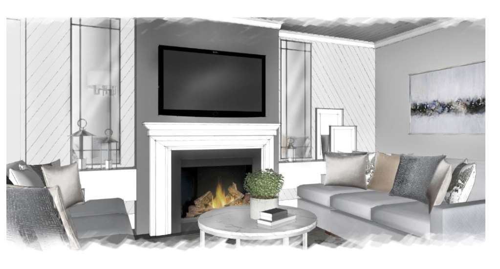 Living room with fireplace, TV, sofa, coffee table, and artwork. Neutral colors, sketch-like appearance.