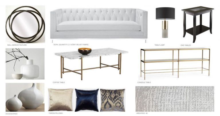 Interior design mood board with white and gold furniture and decor.