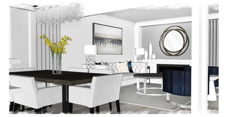 Dining and living room interior design sketch with yellow flowers, dark table, white chairs, and a fireplace.