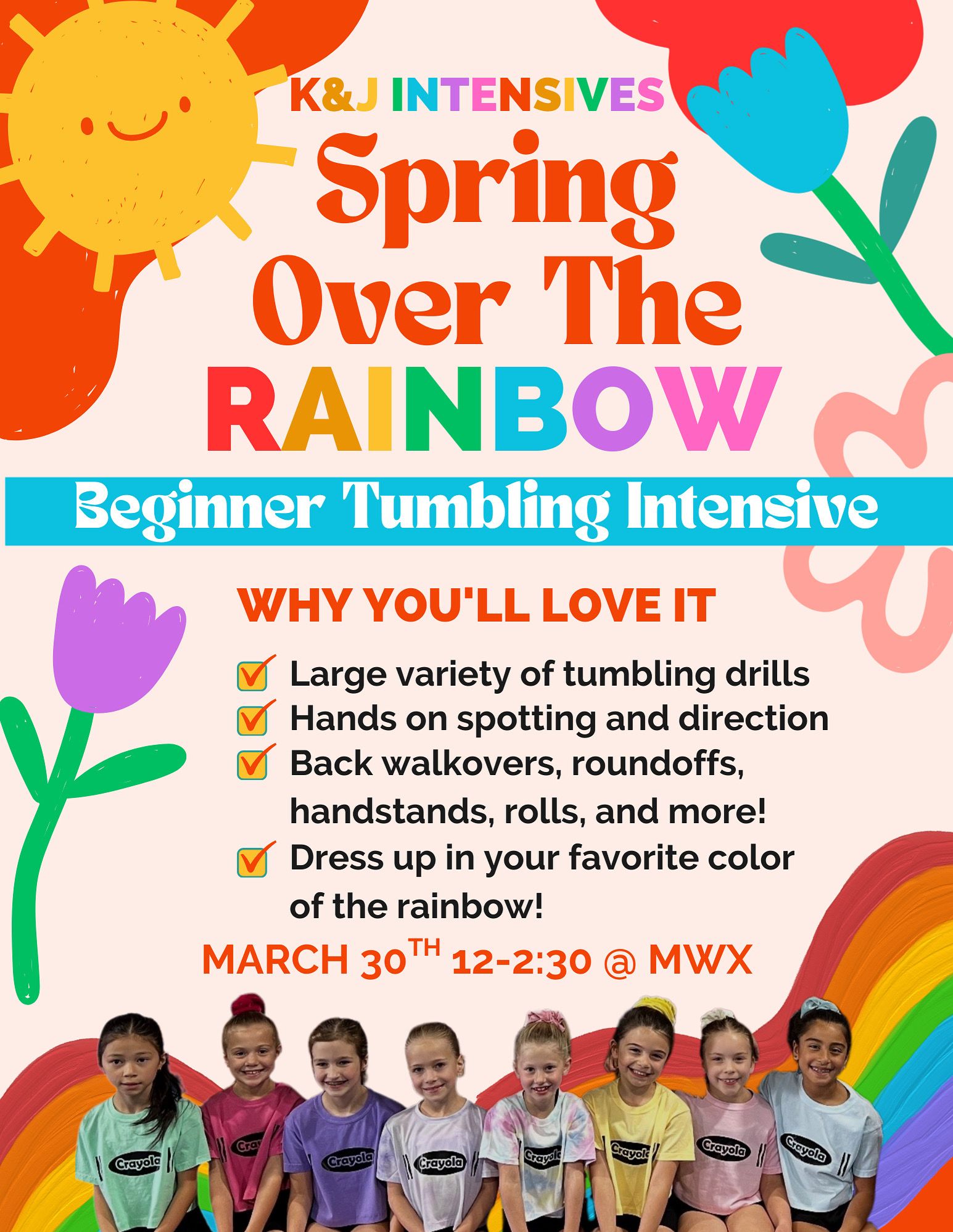 Flyer for a beginner tumbling intensive on March 30th at MWX, featuring a colorful rainbow theme and a group of children.