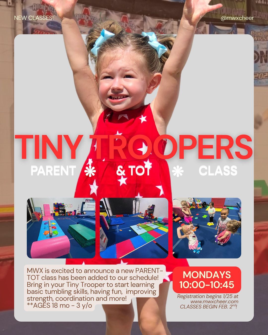 Tiny Troopers class graphic. A parent child gymnastics class for toddlers