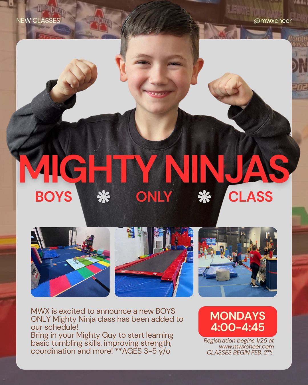 Mighty Ninjas class graphic. Boys gymnastics and ninja class