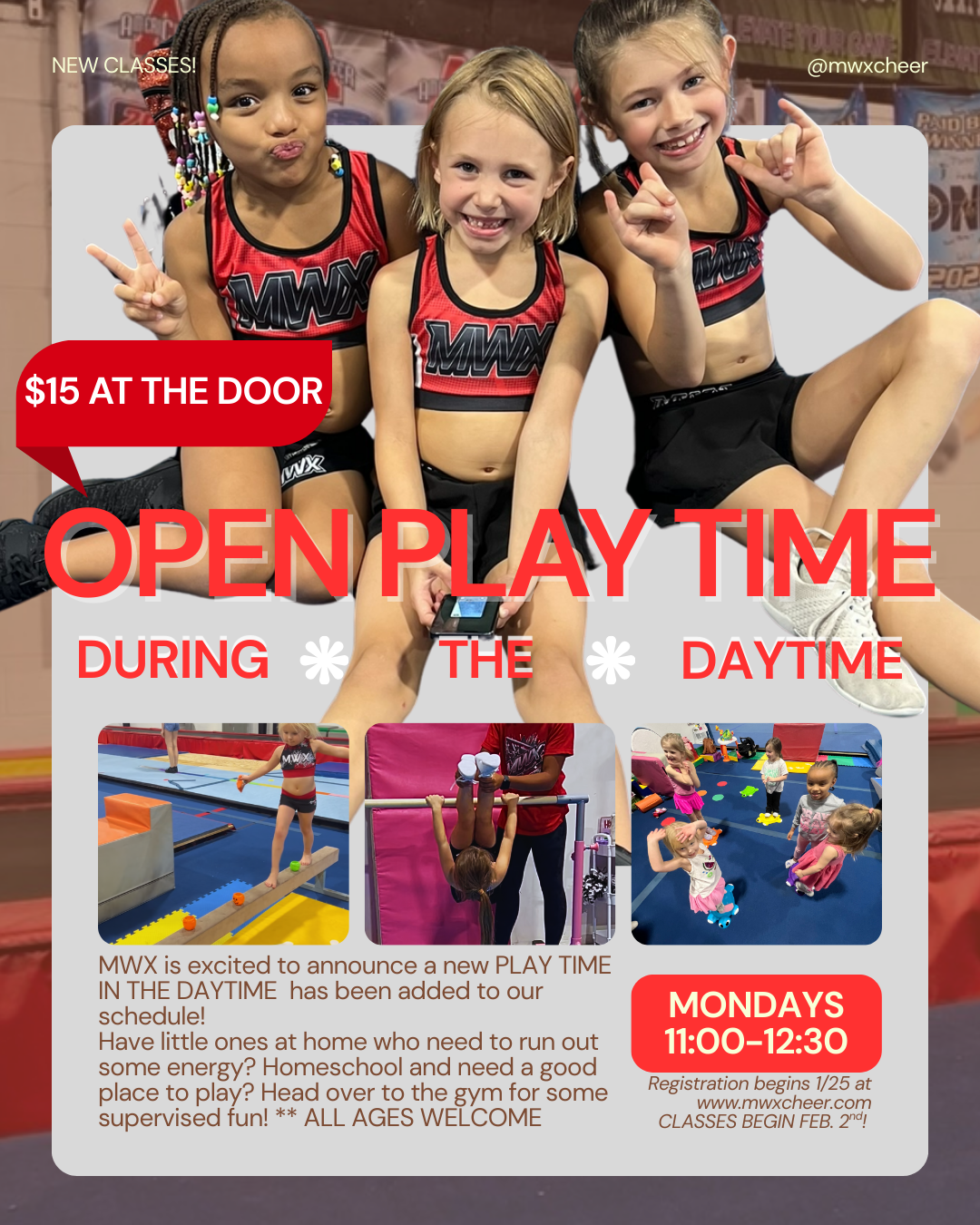 weekly open play time. play time in the daytime. open gym. instructor supervised.