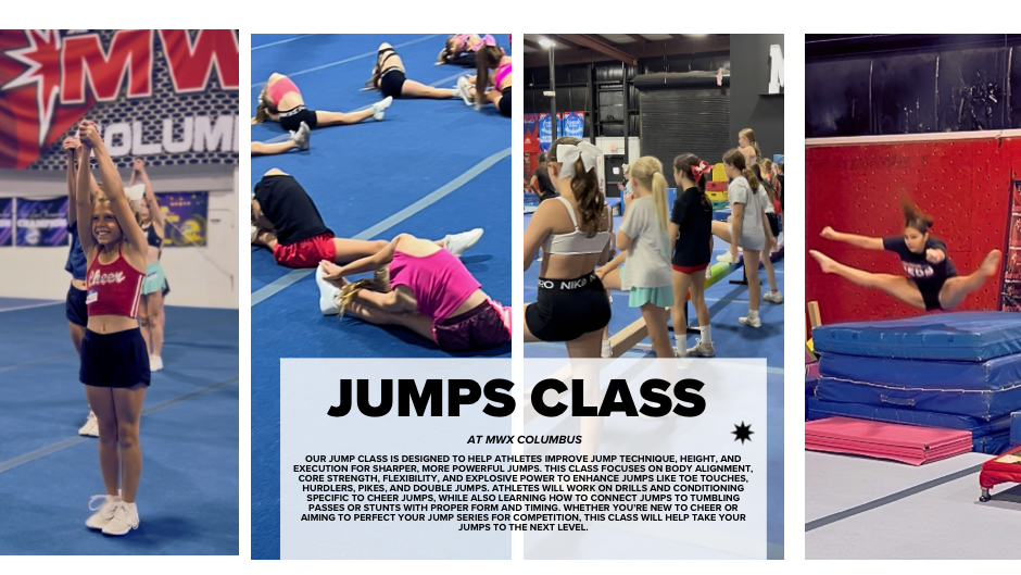A collage of photos of people doing jumps class in a gym.