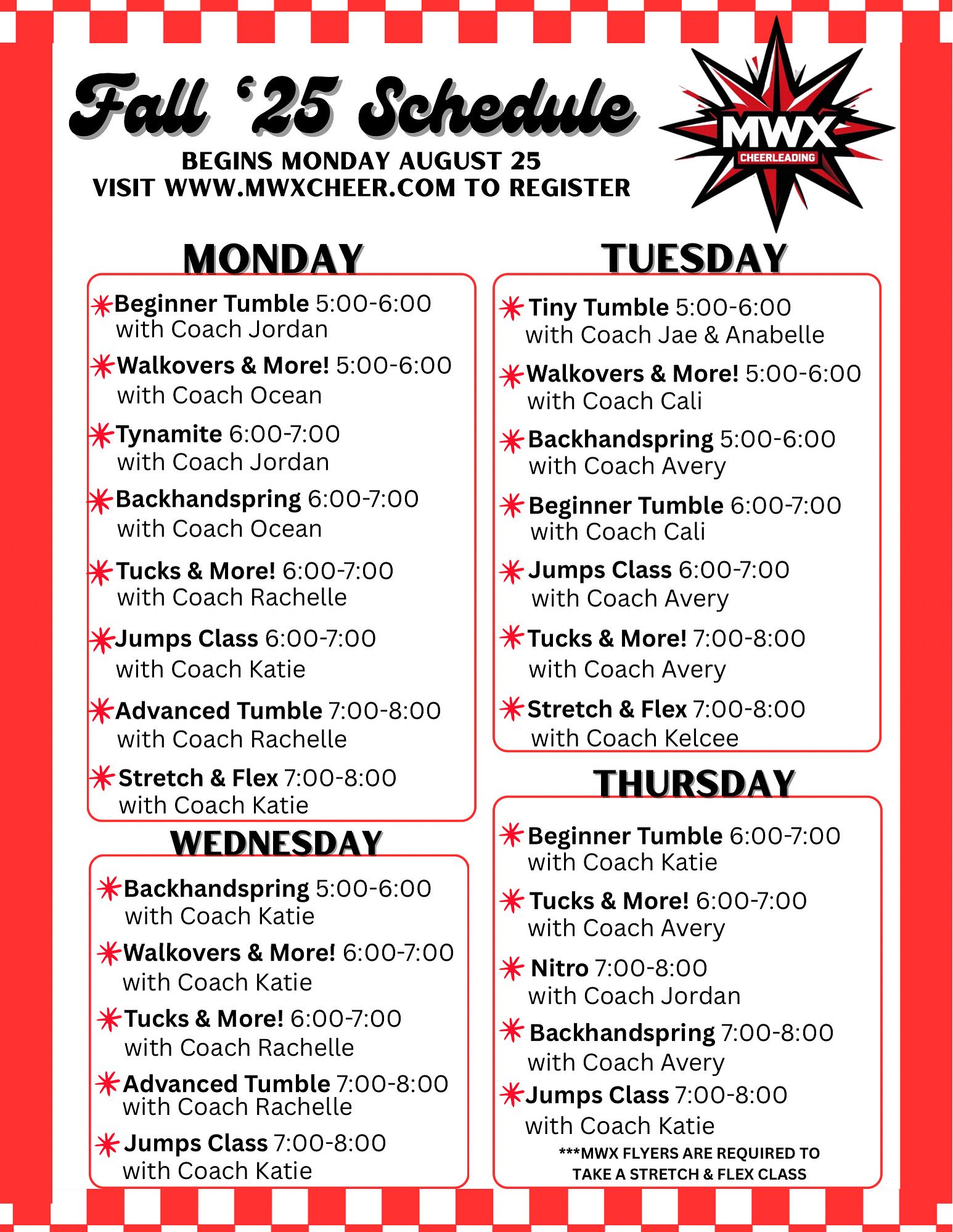 A poster for a summer class schedule for mwx