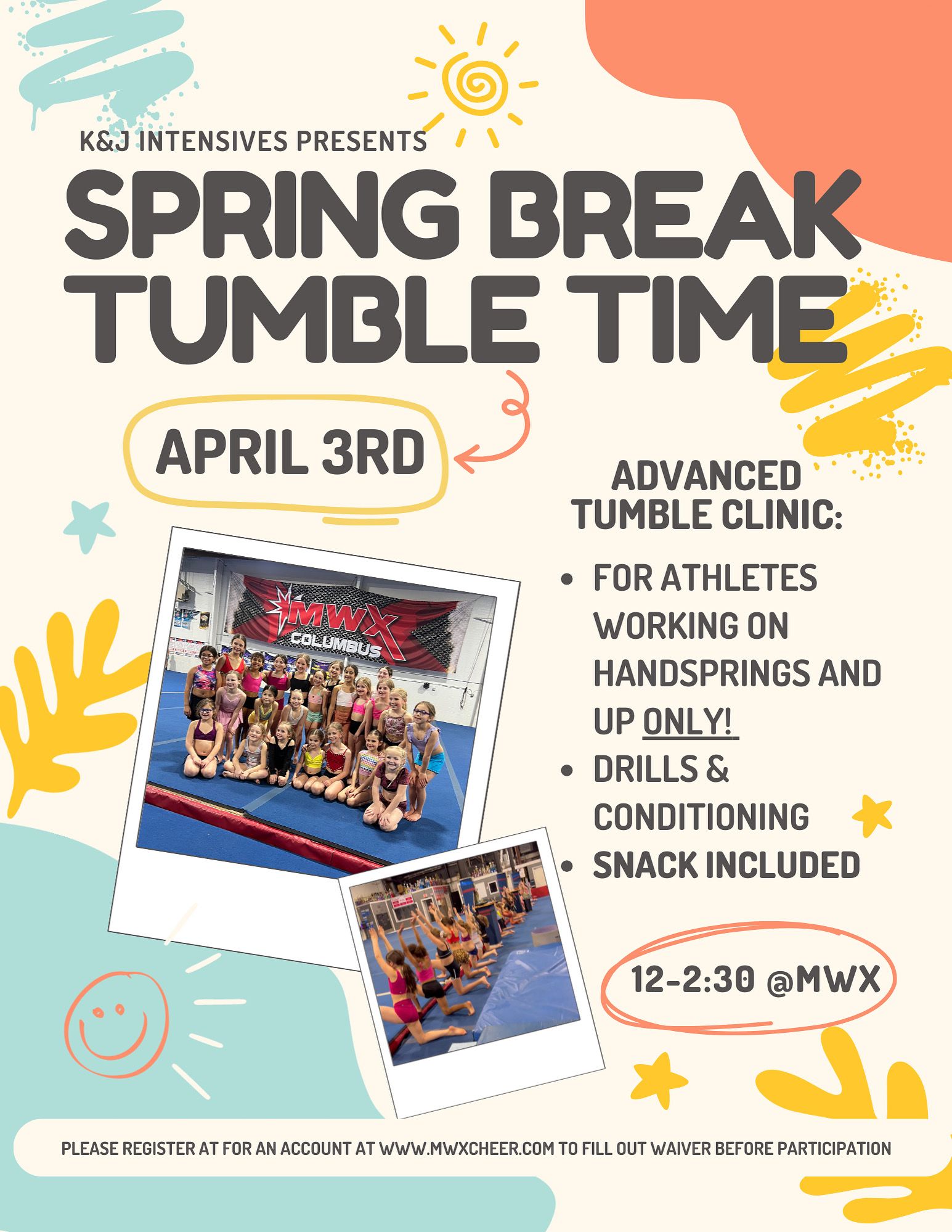 A flyer for a Spring Break Tumble Time clinic on April 3rd from 12-2:30, featuring two photos of athletes in a gym.