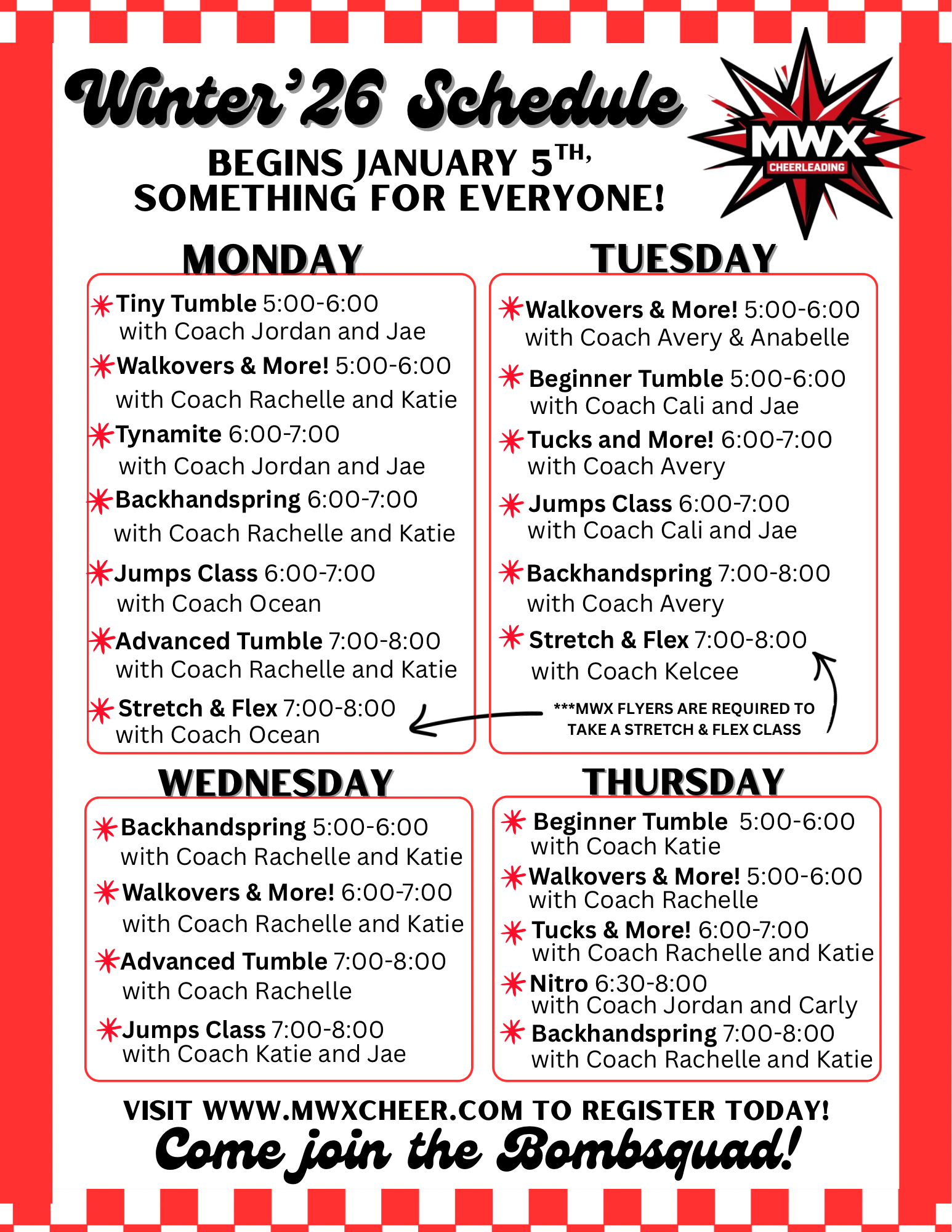 A poster for a winter class schedule for mwx