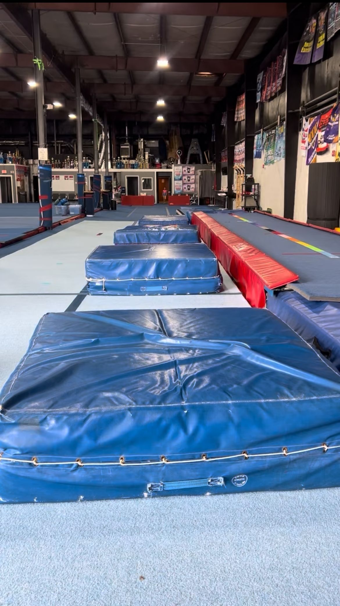 A gym with a lot of blue mats on the floor.