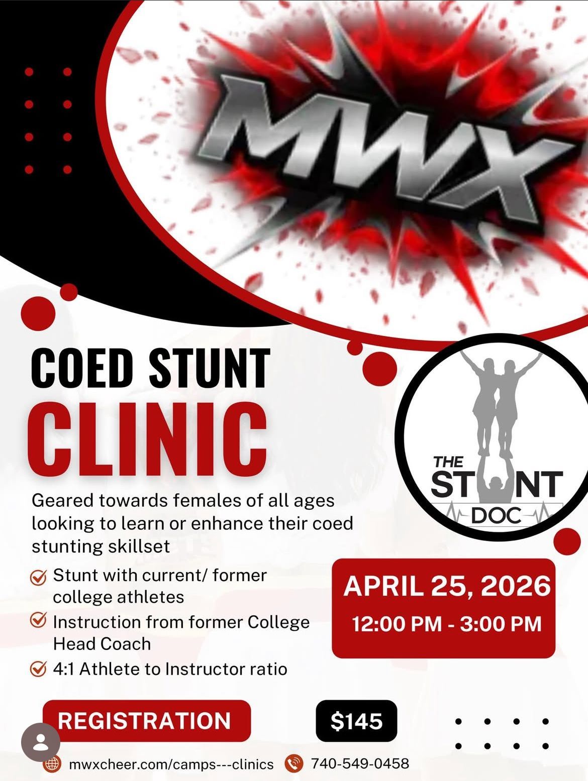 Flyer for MWX Coed Stunt Clinic on April 25, 2026, 12-3 PM. Features event details, coaching info, and $145 price.