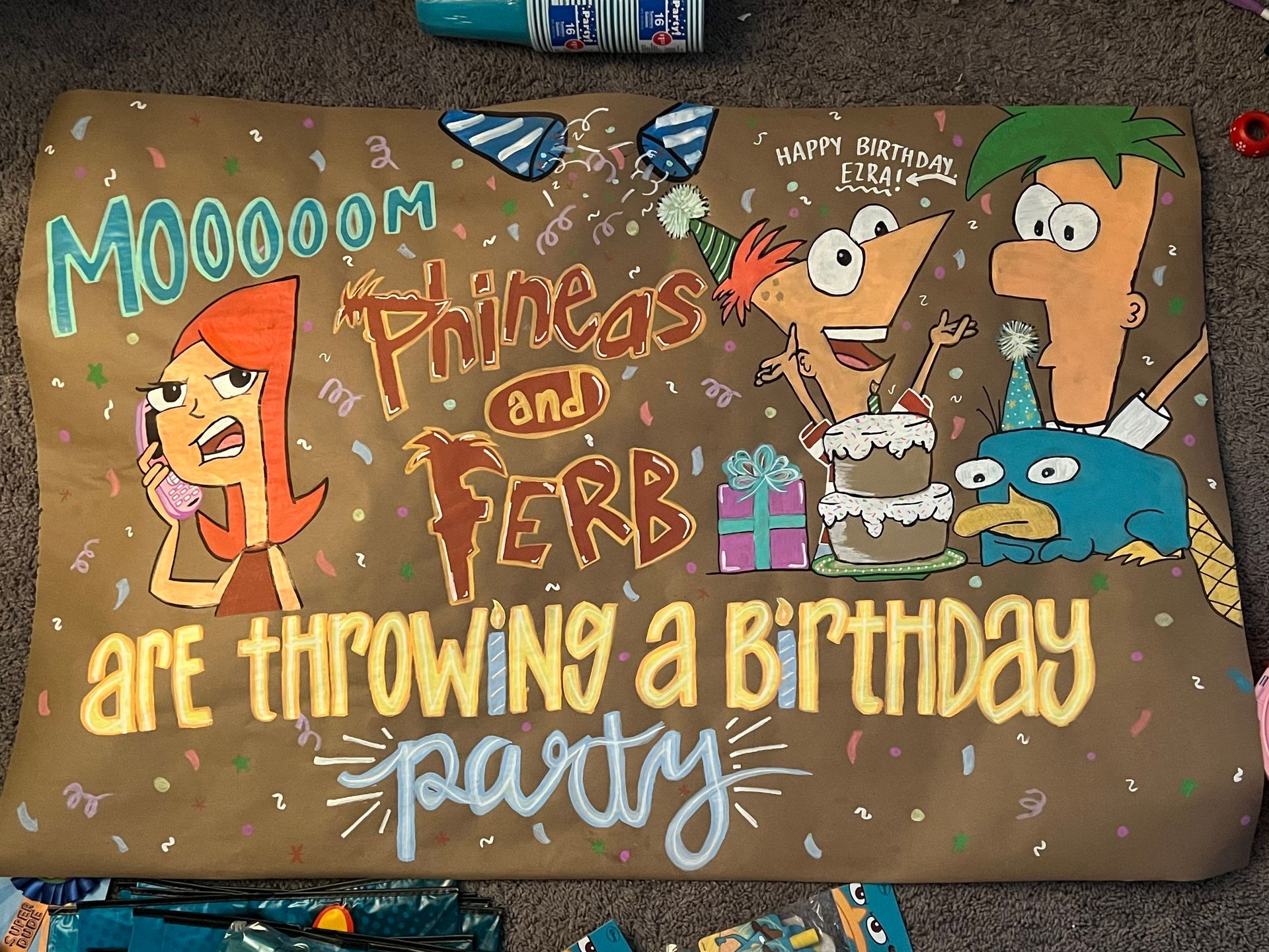 Phineas and Ferb birthday party sign; cartoon characters, cake, gifts, colorful, with Candace on the phone.