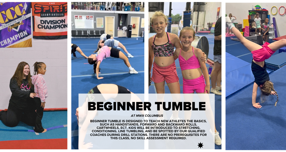 A group of young girls are taking part in an open tumble class.