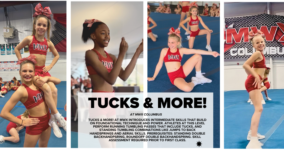 A collage of photos of cheerleaders doing a level 3 tumble.