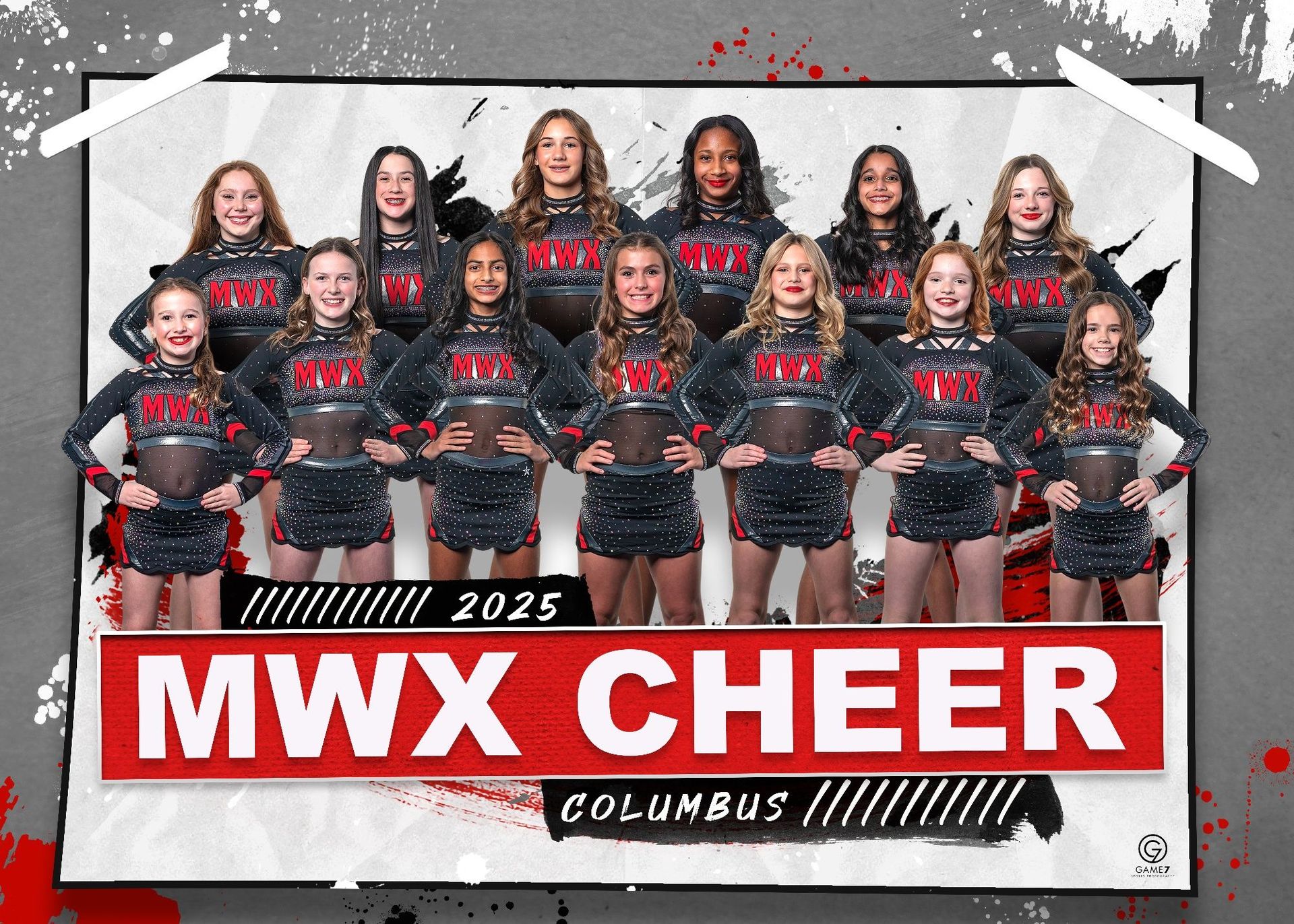 A group of cheerleaders are posing for a picture.