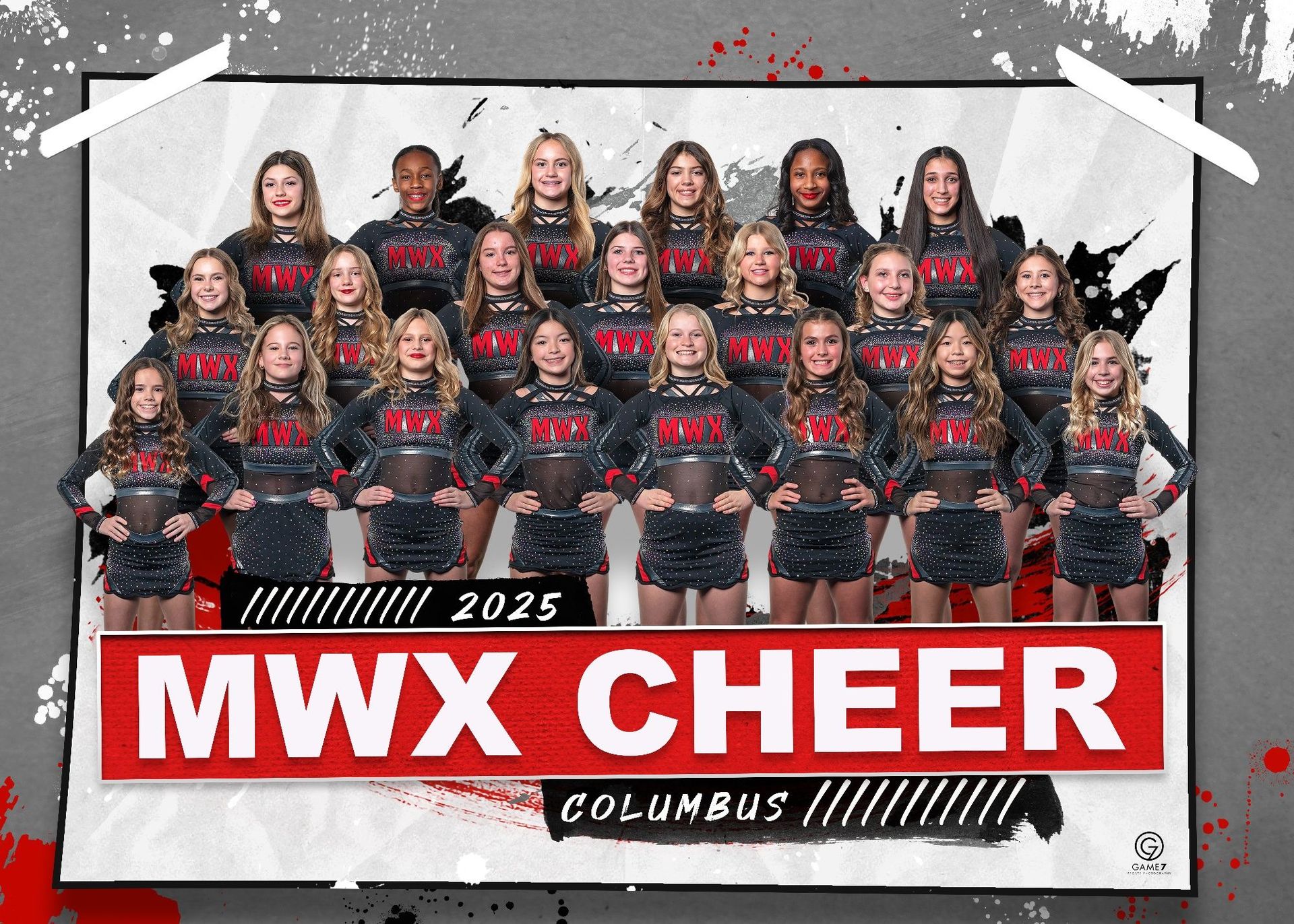 A group of cheerleaders are posing for a picture.