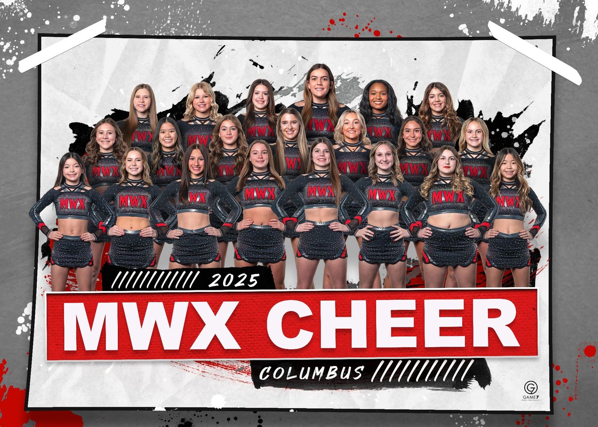 A group of cheerleaders are posing for a picture in front of a sign that says mwx cheer.