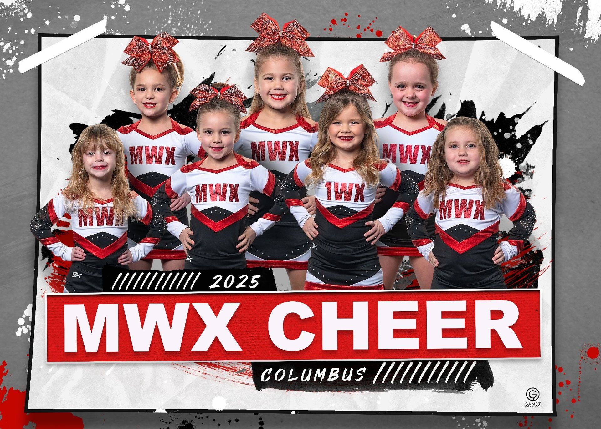 A group of cheerleaders are posing for a picture with the words mwx cheer on the bottom