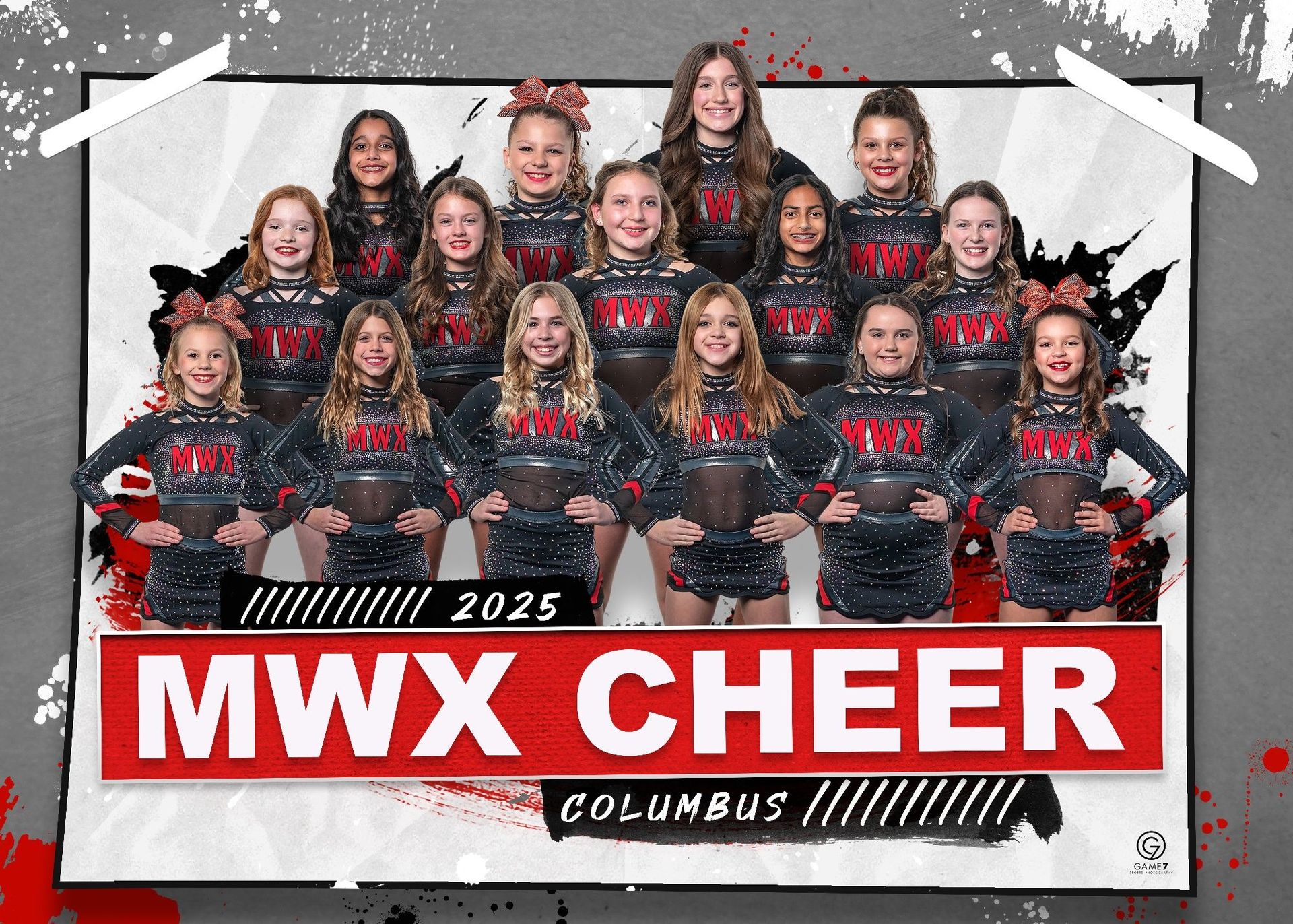 A group of cheerleaders are posing for a picture in front of a sign that says mwx cheer.