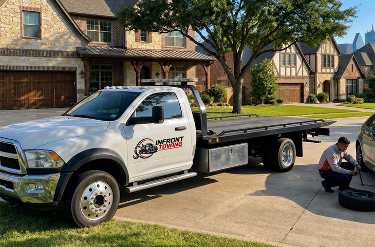 Tow truck parked on a suburban street with a worker kneeling beside a car wheel.