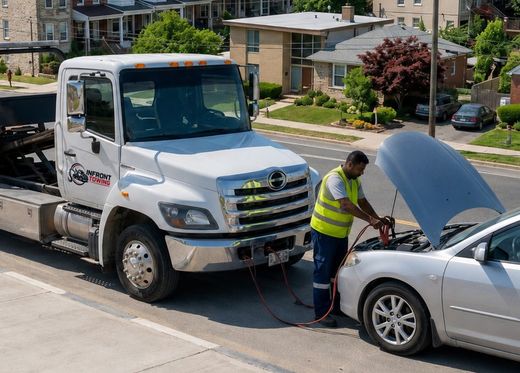 Tow truck driver jump-starting a silver car with hood open on a residential street
