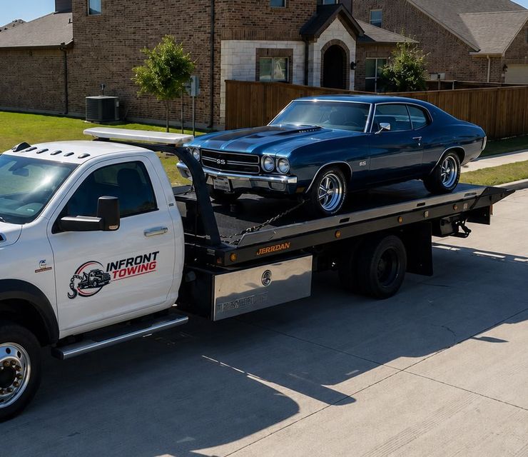 Tow truck carrying a blue classic car on a flatbed in a suburban driveway