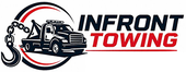 Infront Towing logo with black tow truck, red-and-black text, and circular hook design