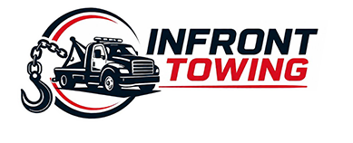 Infront Towing logo with black tow truck, red accents, and chain graphic on white background