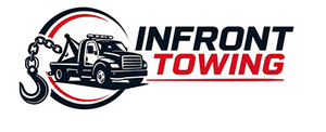 Infront Towing logo with black tow truck, red accents, and chain graphic on white background