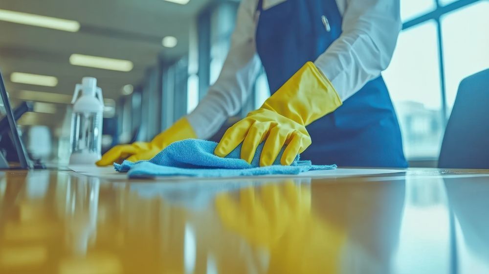 Person in blue apron and yellow gloves wiping a wooden desk with a blue cloth in an office setting.