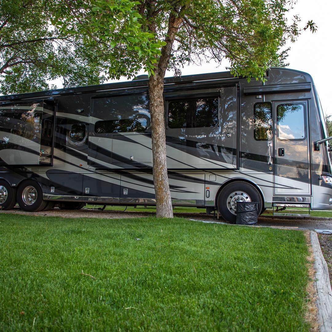 Large, dark RV parked on grass beside a tree in a park.