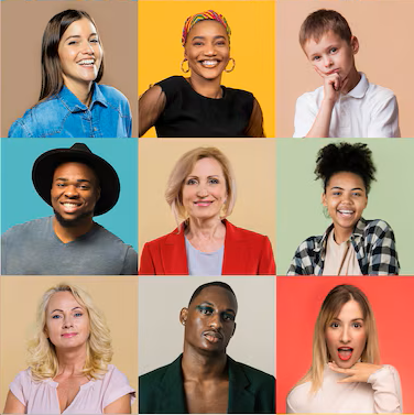 Nove pessoas diferentes com expressões variadas, dispostas em uma grade, sobre fundos coloridos.