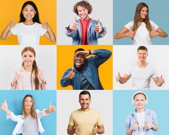 Nove pessoas fazendo gestos de positivo com o polegar; cada uma contra um fundo de cor sólida.