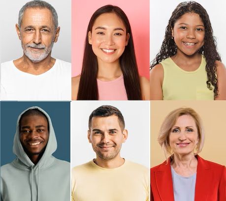 Seis pessoas sorrindo. Tons de pele diversos. Fundos de estúdio: branco, rosa, amarelo, azul e bege.
