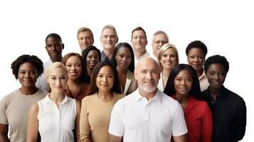 Grupo de pessoas diversas sorrindo e posando juntas contra um fundo branco.