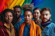 Grupo de pessoas olhando para o espectador contra um fundo de arco-íris. Algumas usam lenços na cabeça.