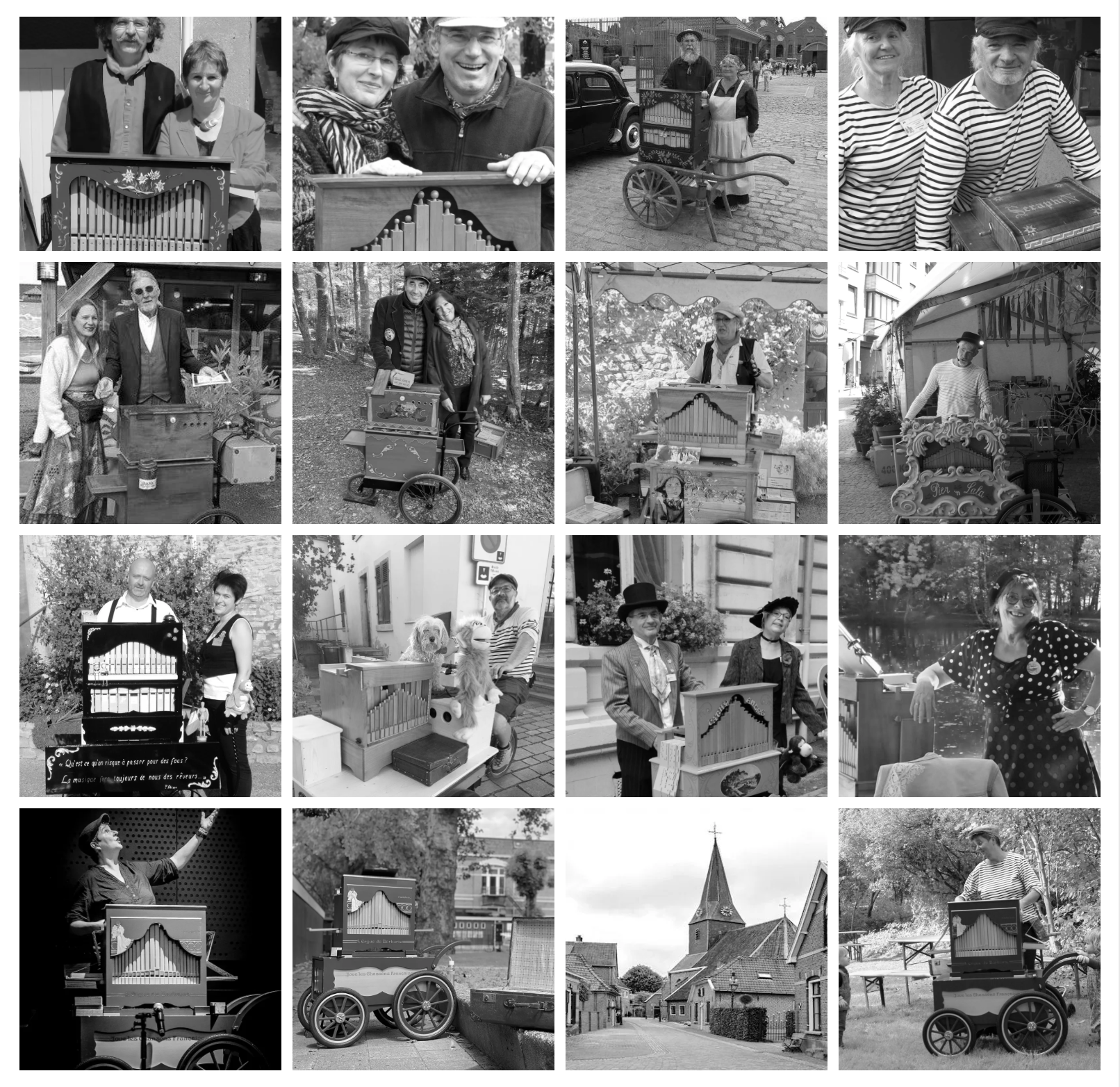 16 zwart-witfoto's van straatorgelspelers op verschillende locaties, met hun instrumenten.