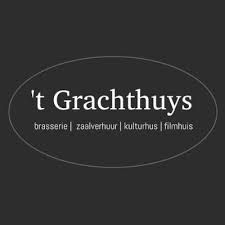 Een logo voor een restaurant genaamd 't grachthuys' op een zwarte achtergrond.