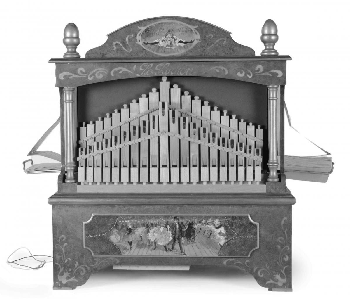 Een zwart-witfoto van een muziekinstrument