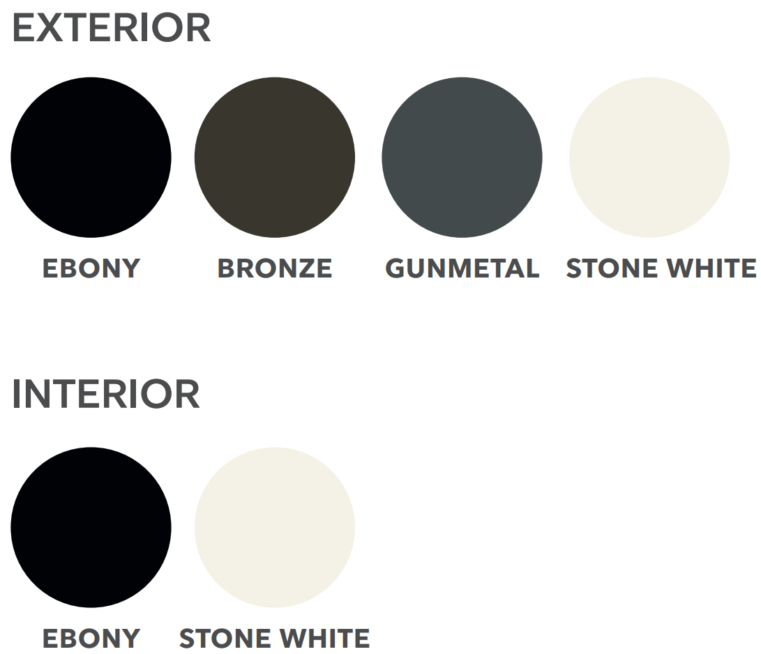 A palette of colors for exterior and interior including ebony , bronze , gunmetal , stone white and ebony stone white.
