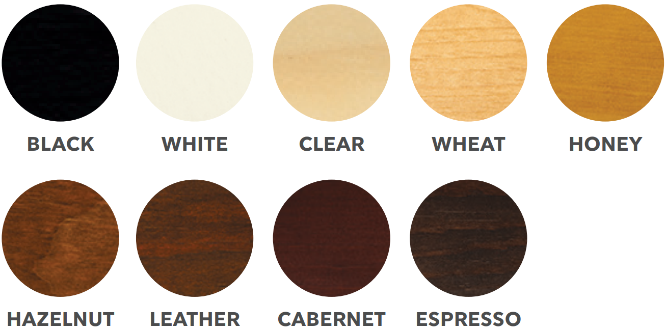 A bunch of different colored circles with the words black white clear wheat honey hazelnut leather cabernet espresso