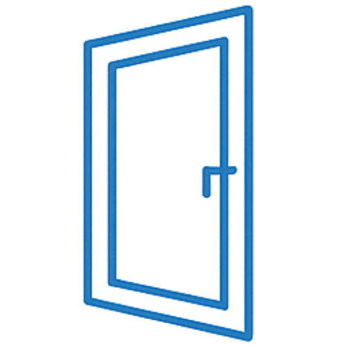 A blue line drawing of an open door on a white background.