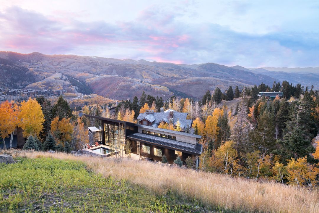 A large house is sitting on top of a hill in the middle of a forest.