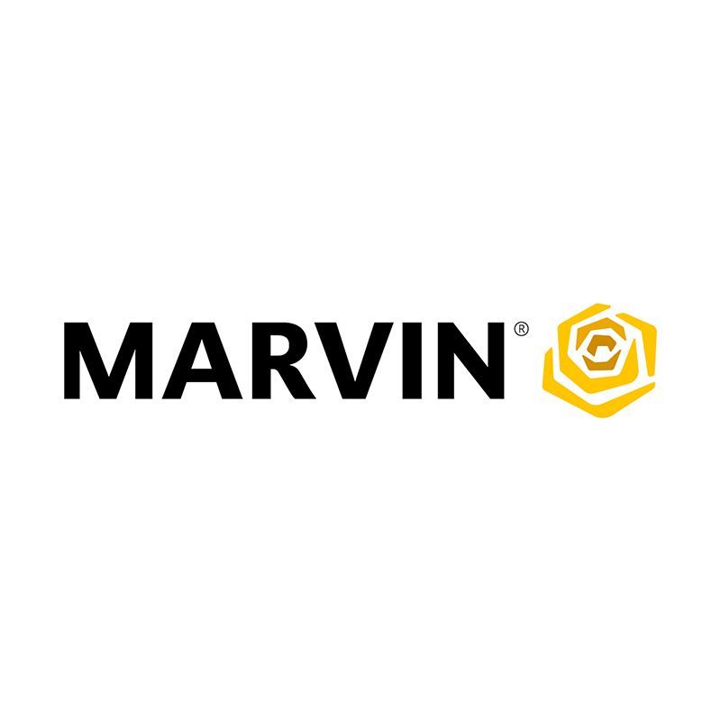 A marvin logo with a yellow rose on a white background.