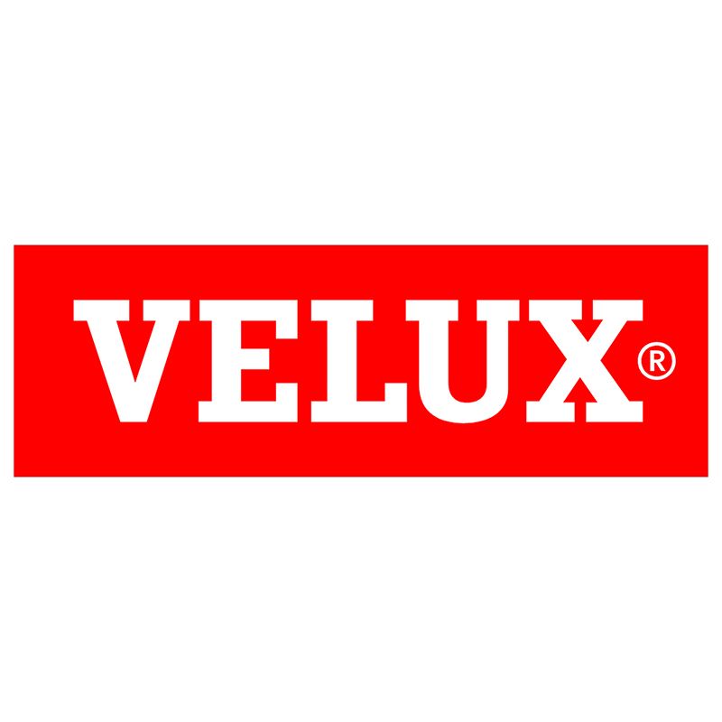 A red and white velux logo on a white background