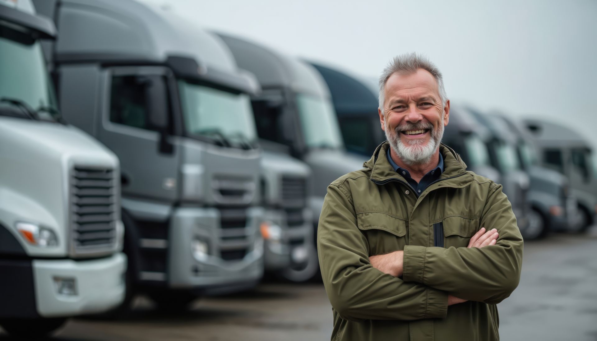Smiling man with crossed arms in front of a row of semi-trucks, outdoors.