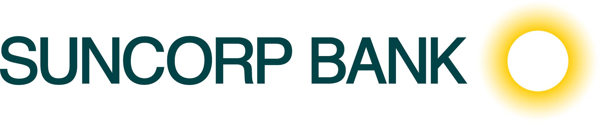 Suncorp Bank logo with dark teal text and a glowing yellow sun graphic on white.