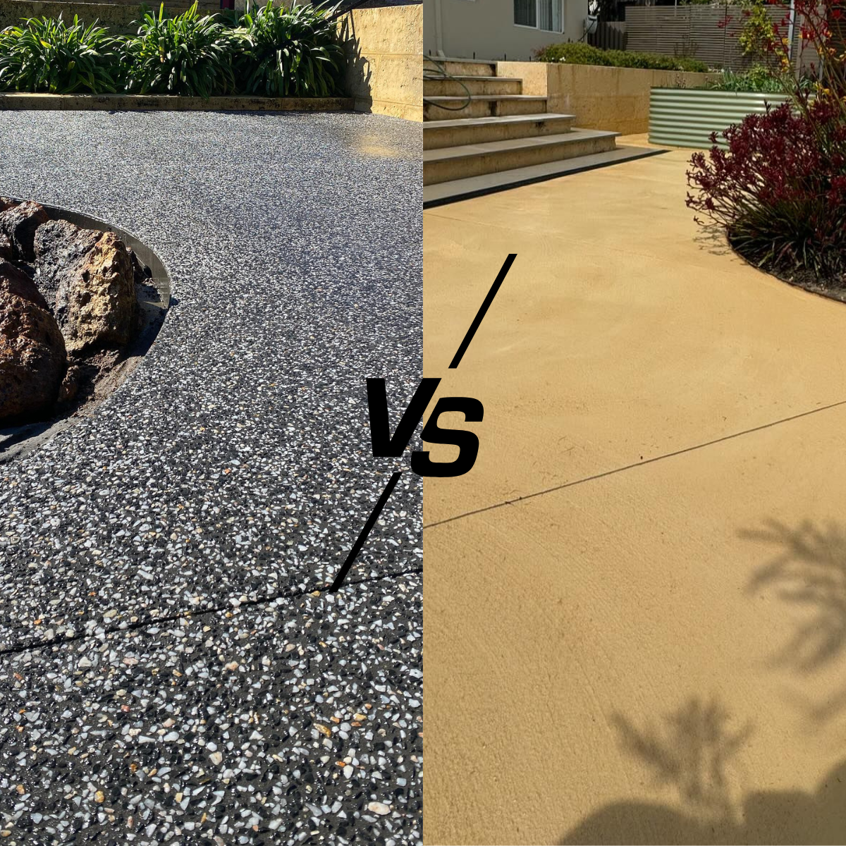 Comparison of a dark, textured exposed concrete driveway vs liquid limestone path