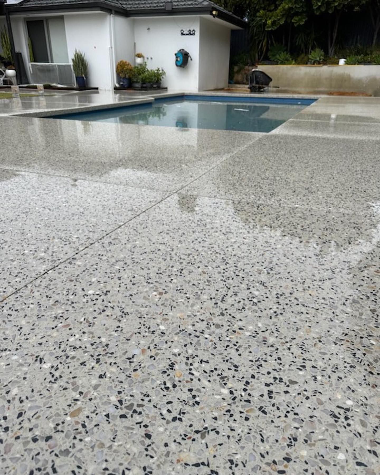Polished concrete pool deck with a rectangular pool and white house in the background.