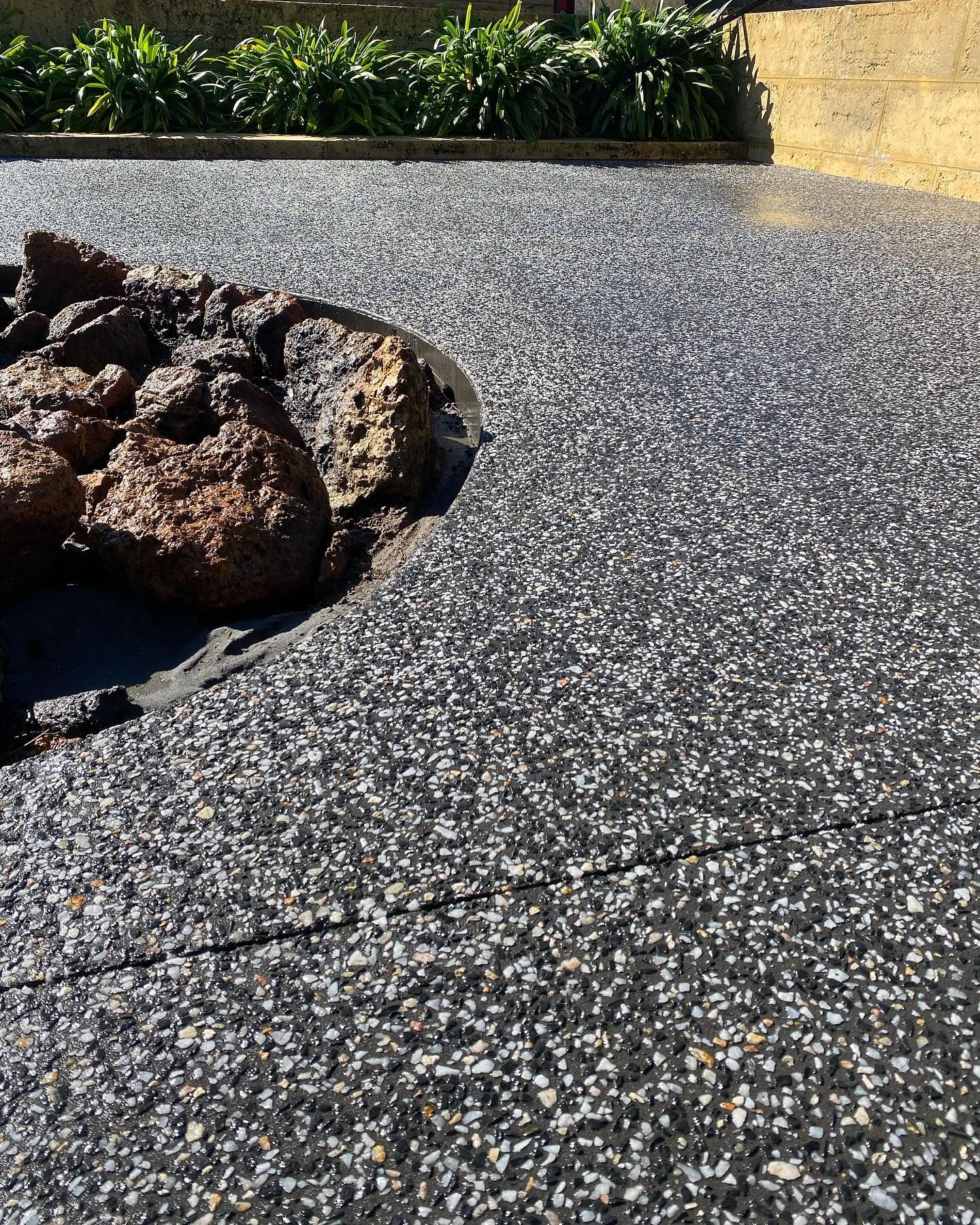 Exposed Aggregate charcoal mix poured around landscaping