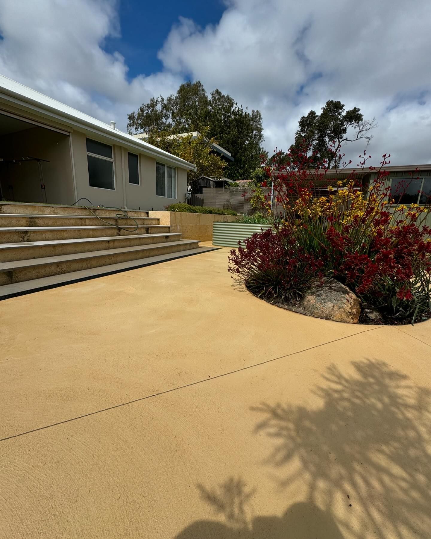 Liquid limestone pathway to compliment native landcaping in Perth backyard.